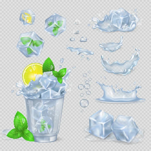 Vaso con agua, rodaja de limón, menta verde y hielo — Vector de stock