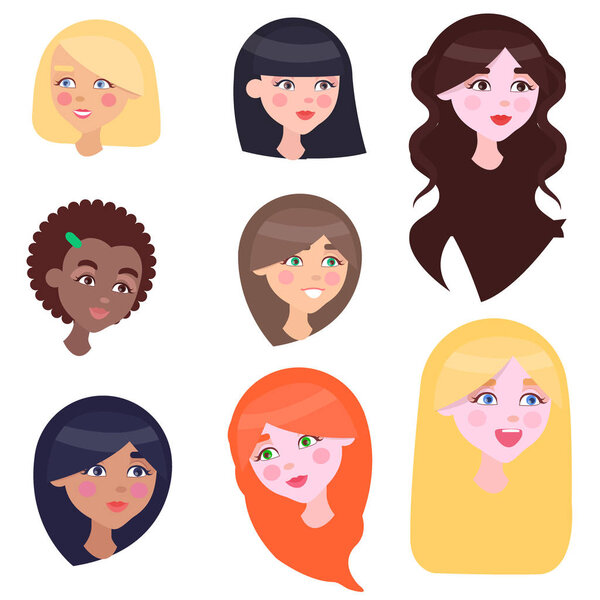 Women Faces Set with Long and Short Hairstyles