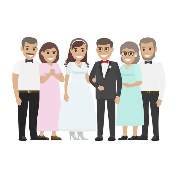 Famille de mariage ensemble. Conception de couple de jeunes mariés — Image vectorielle