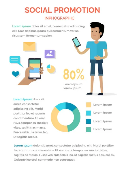 Social Promotion Infografik Junge mit Smartphone — Stockvektor