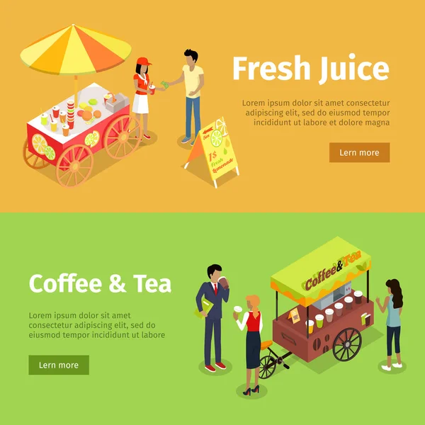 Färsk Juice och kaffe te paraply vagnar Set — Stock vektor