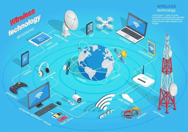 Draadloze technologie Infographic regeling op blauw — Stockvector