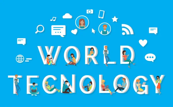 Tecnologia Mundial Pessoas usando telefones em letras — Vetor de Stock