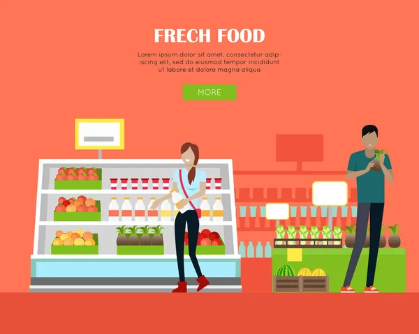 Banner de concepto de tienda de alimentos frescos en diseño plano . — Vector de stock