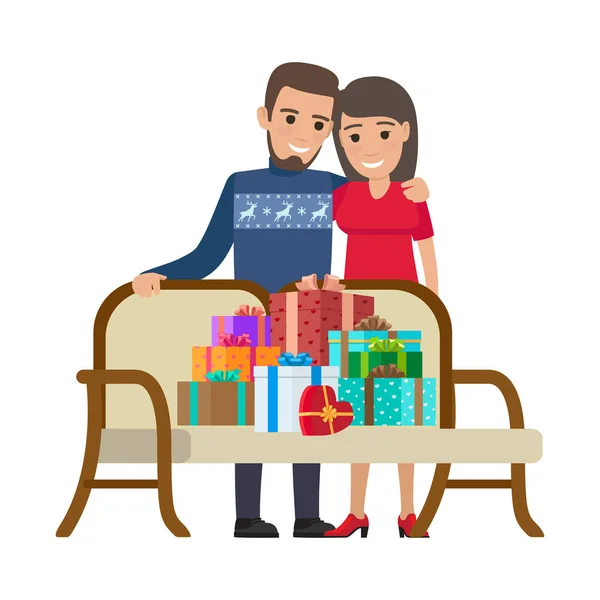 Paar und Bündel von Geschenken. Weihnachtsillustration — Stockvektor