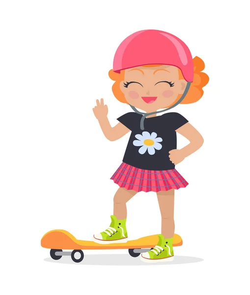 Mädchen in rosa Helm und Rock. Orangefarbenes Skateboard — Stockvektor