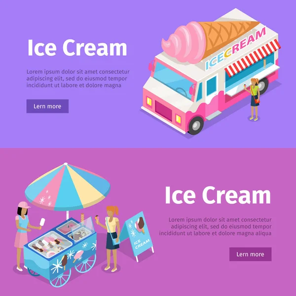 Dondurma mobil şemsiye sepeti ve Minivan Poster — Stok Vektör
