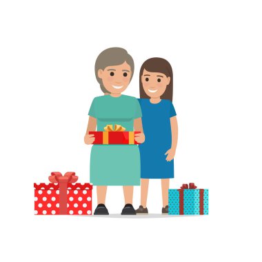 Anne ve kızı paylaşmak Noel hediyesi.