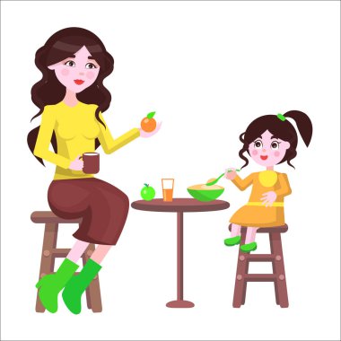 Annem ve onun kızı oturup masa ve yemek
