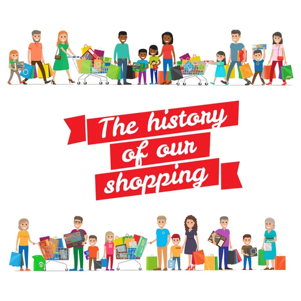 La storia del nostro concetto di shopping con le famiglie — Vettoriale Stock