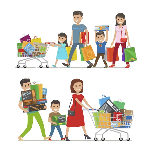 Dva pěší a usmívá se rodiny s nákupy — Stockový vektor