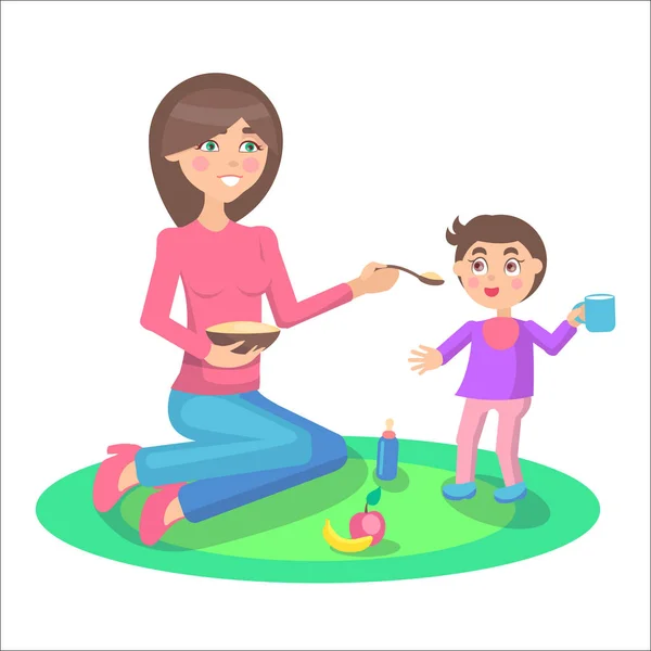 Matka krmí chlapeček, který stojí a drží pohár — Stockový vektor