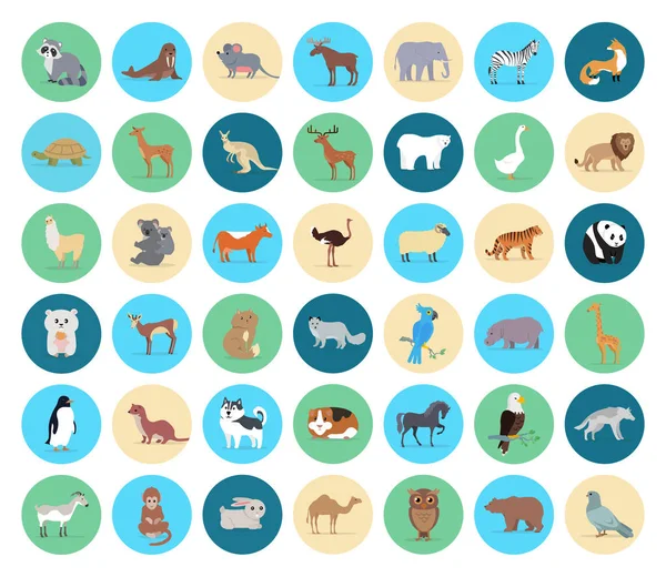 Animales domésticos y salvajes en la colección Circles — Vector de stock