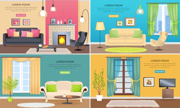 Appartamento Interiors Vector Web Banners Set — Vettoriale Stock