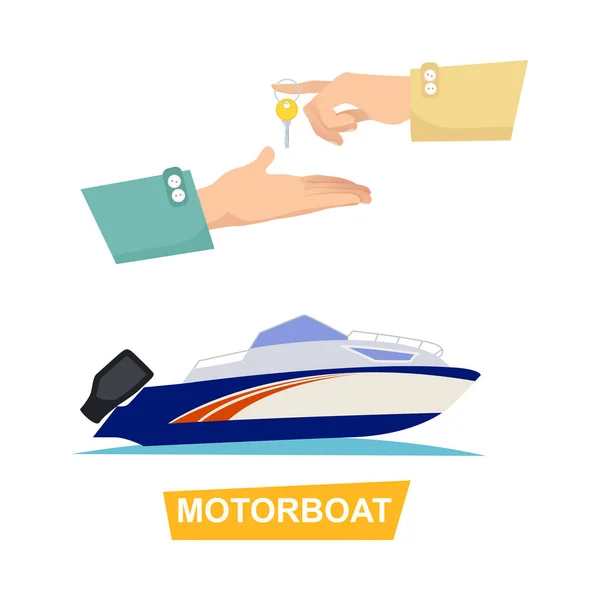 Buying Blue Speed Motorboat on White Background. — Stock Vector