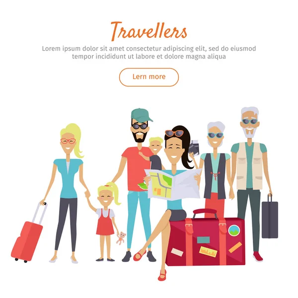 Viajeros de diferentes edades con maletas Banner — Vector de stock