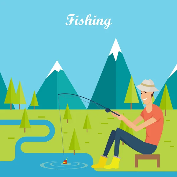 Fishing and Camping Concept. Young Fisherman — Stock Vector