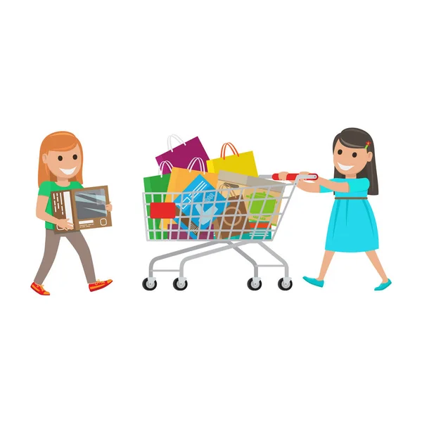 Zwei kleine Mädchen auf Einkaufstour im Supermarkt — Stockvektor