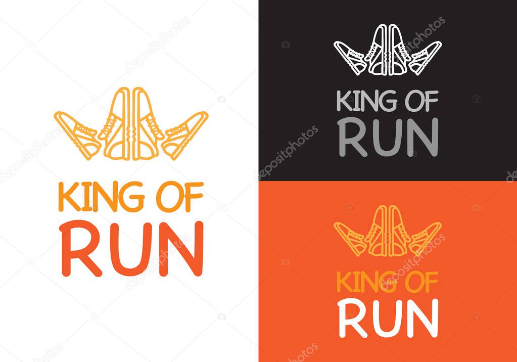 King of run on different background white, orange and black. Fitness keeps fit logo. Sneakers make crown for king logotype for sport lifestyle. Running is useful for your health vector illustration