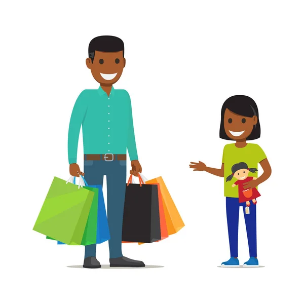 Família nas compras. Personagens pai e filha —  Vetores de Stock