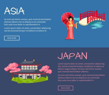Asya ve Japonya düz vektör Web afiş kümesi