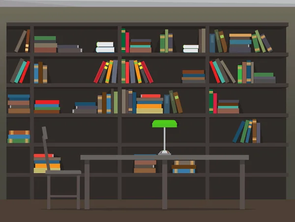 Biblioteca Interior con estanterías Vector plano — Vector de stock