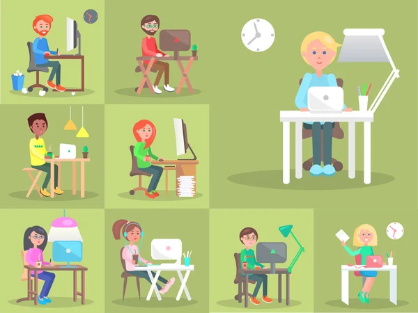Set of People at Computer in Office Cartoon Style - Stok Vektor