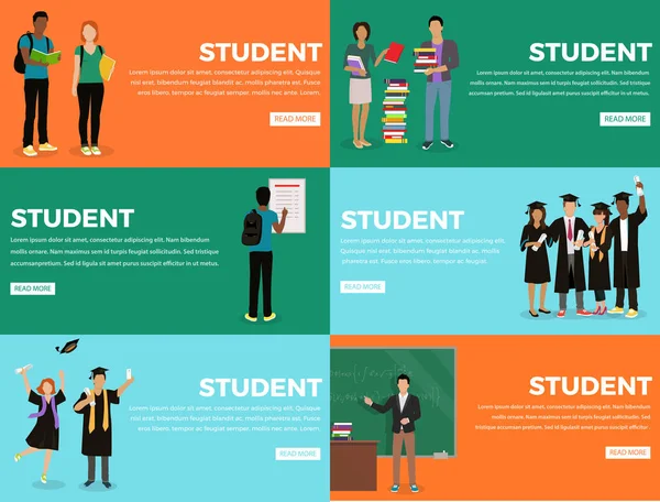 Student Everyday Life Process Colourful Web Banner — Stock Vector