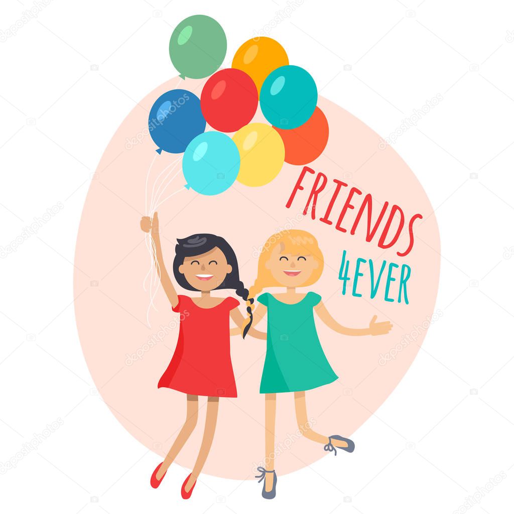Happy Girls with Colorful Balloons Friends Forever