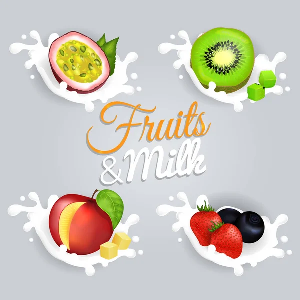 Fruit Splashing em leite colorido Vector Poster —  Vetores de Stock