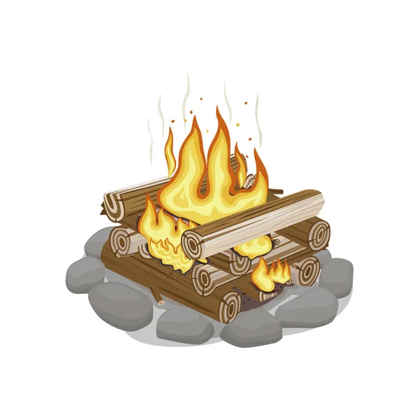Inizio legna da ardere circondata da pietre bruciatura — Vettoriale Stock