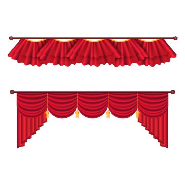 Kırmızı perdeleri ayarlayın. Lüks ipek perde illüstrasyon