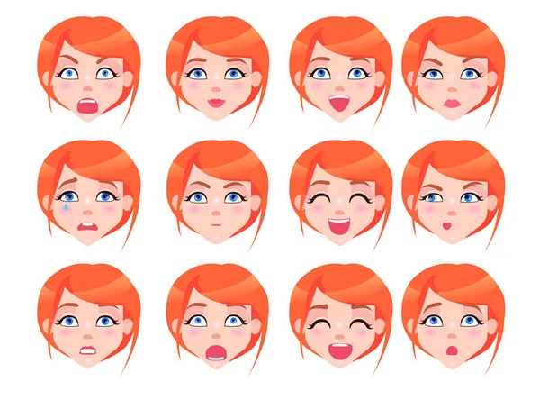 Conjunto de Emociones Femeninas de Chica pelirroja Plana — Vector de stock