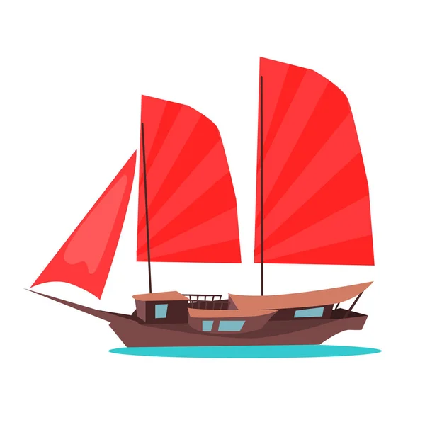 Tradicional de madeira Junk Ship Flat Vector Icon — Vetor de Stock