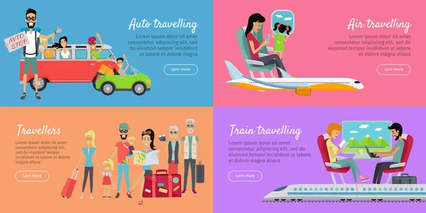 Auto, Air, Train Travelling and Travellers Banner. — Vetor de Stock