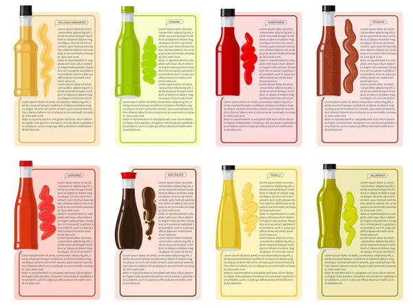 Colección de botellas de salsa con información Texto — Vector de stock