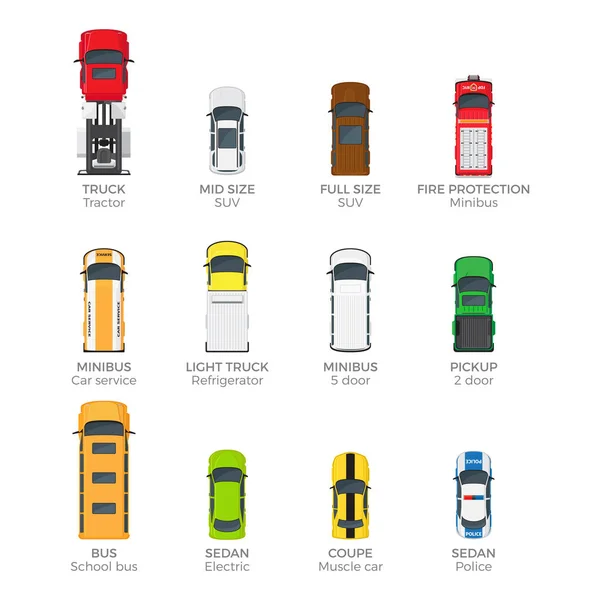 Modern Vehicle Transport Top View Vector Icons Set — Stock Vector