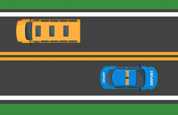 Schoolbus en luchthaven auto verplaatsen op asfalt weg — Stockvector