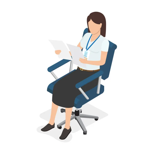 Женщина сидит в кресле и смотрит на две бумаги — стоковый вектор