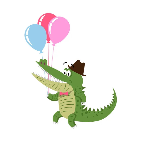 Karikatur Krokodil mit Luftballon in Hut isoliert — Stockvektor