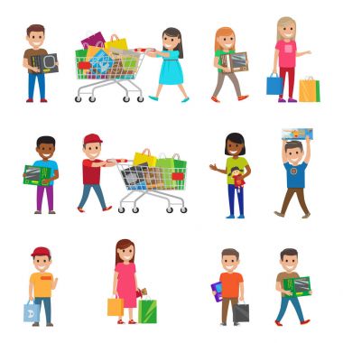Gülümseyen çocuklar beyaz posterinde alışveriş yaparken