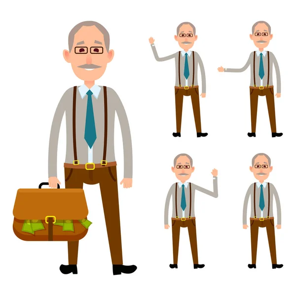 Starší člověk drží tašku s penězi na bílém — Stockový vektor