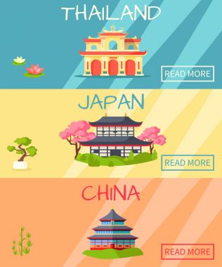 Tayland Japonya Çin geleneksel evleri ve bitkiler