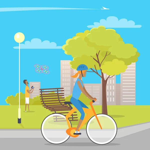 Κορίτσι με το ποδήλατο και αγόρι παίζει με ύψους — Διανυσματικό Αρχείο