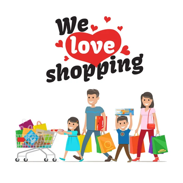 Nos encanta el concepto de compras y la familia con las compras — Vector de stock