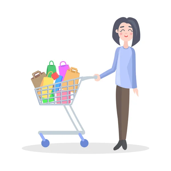 Vrouw met winkelen Trolley platte Vector Icon — Stockvector
