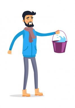 Kova su üzerinde beyaz izole karikatür adamla