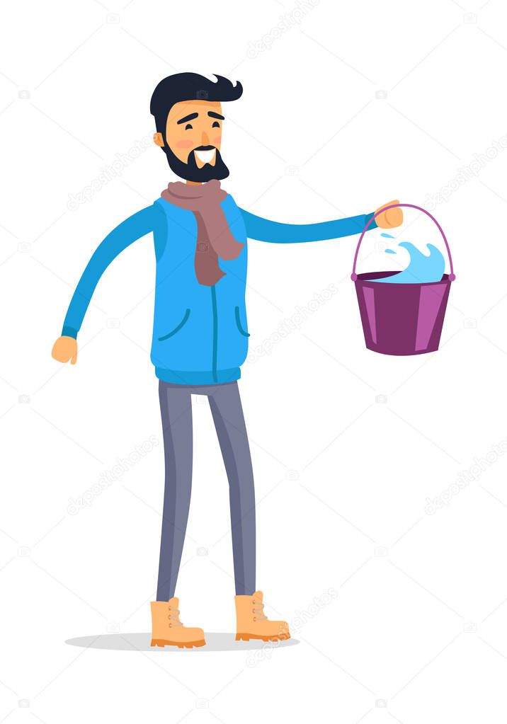 Cartoon Man with Bucket of Water Isolated on White