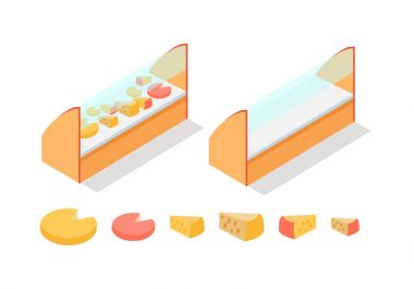 Yiyecek vitrin izometrik vektör beyaz peynir
