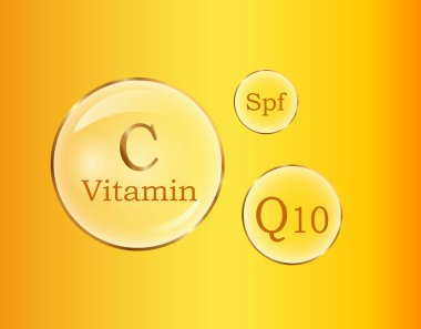 C ve Q10 vitaminler, Spf yuvarlak işaretleri vektör Poster